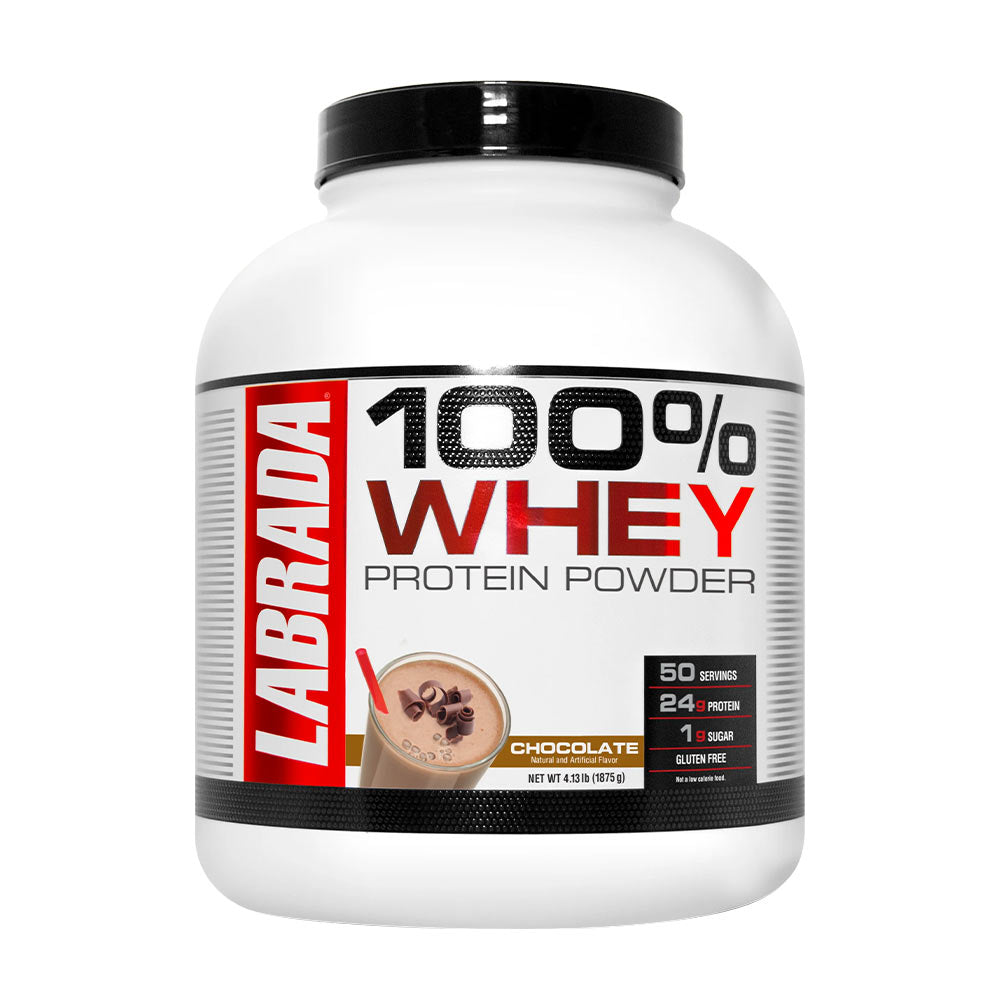 Labrada 100% Whey Protein Powder in Chocolate flavor, gluten-free with 24g protein per serving.