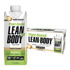 Labrada Lean Body plant-based protein shake in Vanilla Caramel, vegan, gluten-free, no artificial additives.