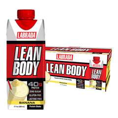 Labrada Lean Body protein shake packaging with banana flavor, 40g protein, zero sugar, gluten free, lactose free.