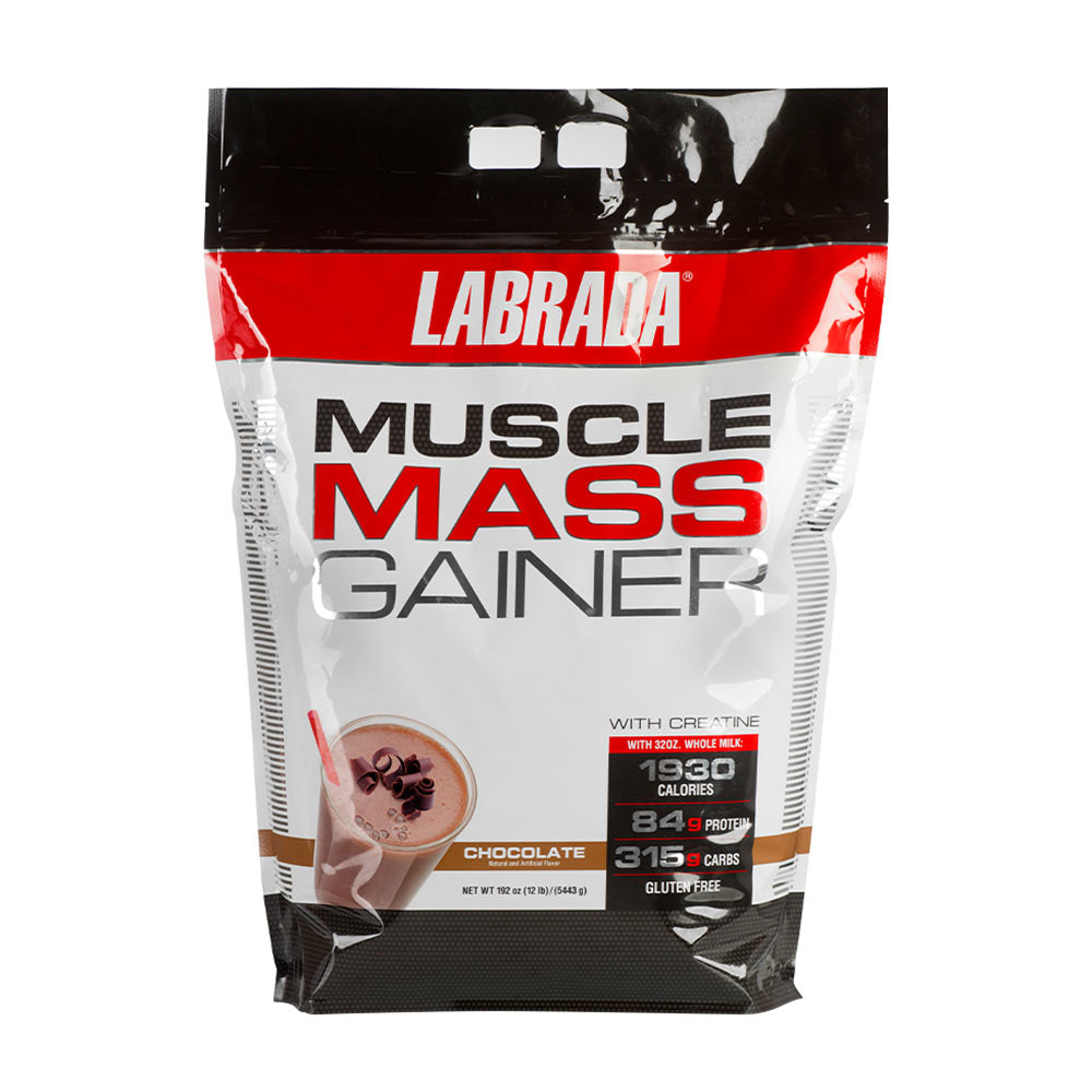 Labrada Muscle Mass Gainer chocolate flavor, packaging highlighting 1930 calories, 34g protein, and 315g carbs.