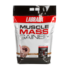 Labrada Muscle Mass Gainer chocolate flavor, packaging highlighting 1930 calories, 34g protein, and 315g carbs.