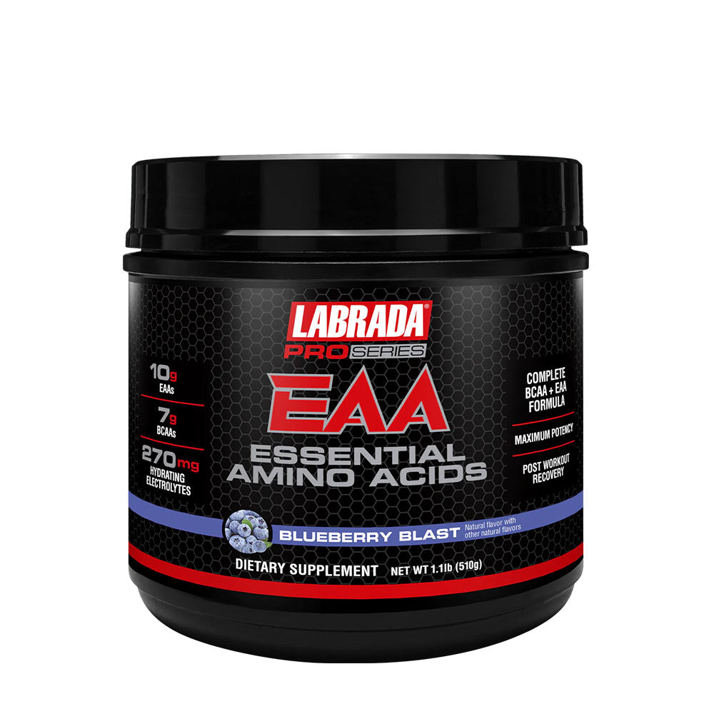 Labrada Pro Series EAA supplement, Blueberry Blast flavor, 10g EAAs, 7g BCAAs, 270mg electrolytes per serving.