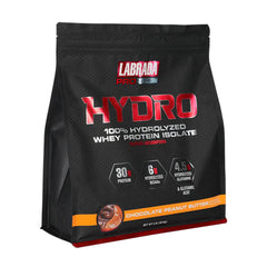 Labrada Hydro 100% hydrolyzed whey protein isolate, chocolate peanut butter flavor, 30g protein per serving.