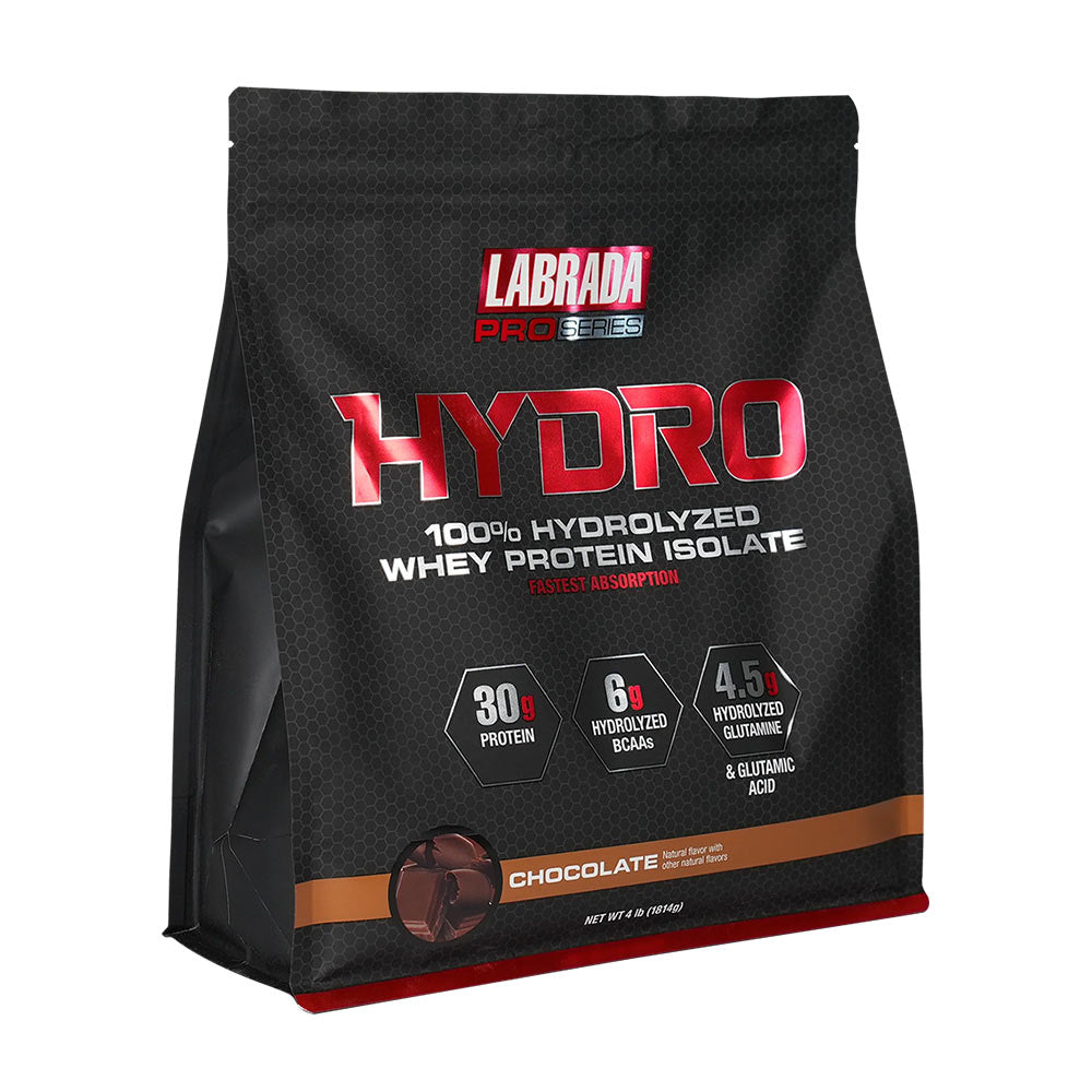 Labrada Hydro 100% hydrolyzed whey protein isolate bag with 30g protein, BCAAs, and gluten-free formulation.