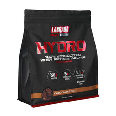 Labrada Hydro 100% hydrolyzed whey protein isolate bag with 30g protein, BCAAs, and gluten-free formulation.