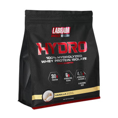 Labrada Hydro 100% hydrolyzed whey protein isolate packaging, 30g protein, vanilla flavor, quick absorption.