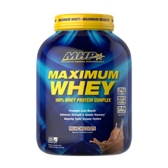MHP Maximum Whey 100% Whey Protein Complex, 25g protein per serving, supports lean muscle growth and recovery, milk chocolate flavor.