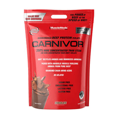 MuscleMeds Carnivor Beef Protein Isolate chocolate flavor packaging with protein benefits highlighted