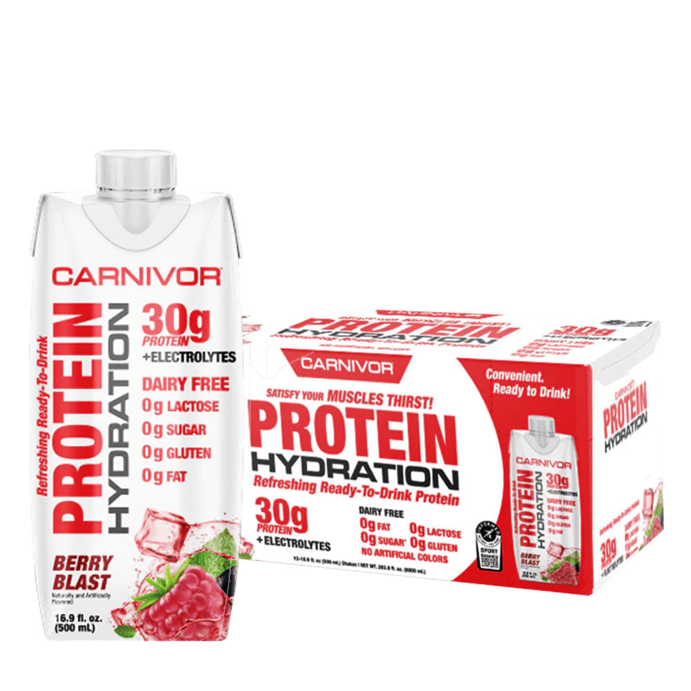 Carnivor Protein Hydration Berry Blast ready-to-drink shake with 30g protein and electrolytes, dairy-free and low-sugar.
