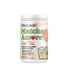 Fit & Lean Matcha Amore Iced Tea container featuring peach flavor and natural ingredients.