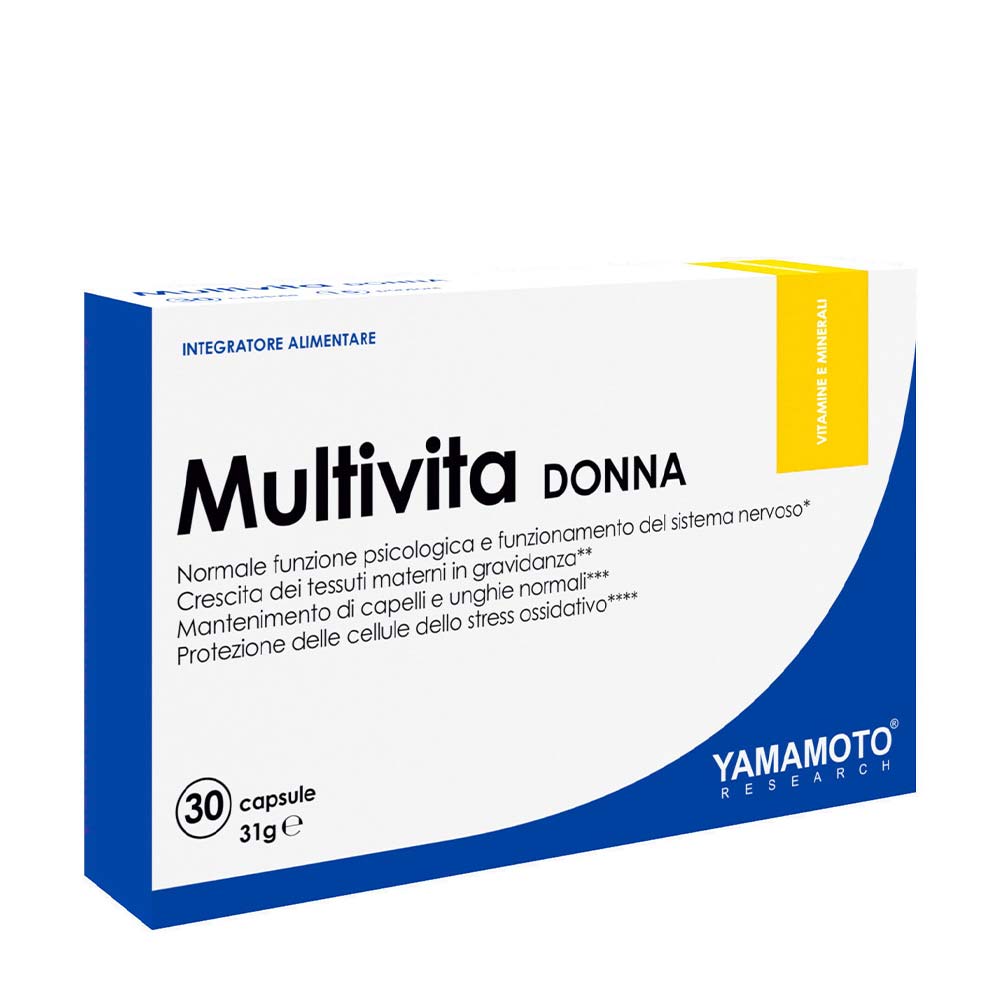 Yamamoto Nutrition Multivita DONNA box featuring 30 capsules for psychological health and skin function.