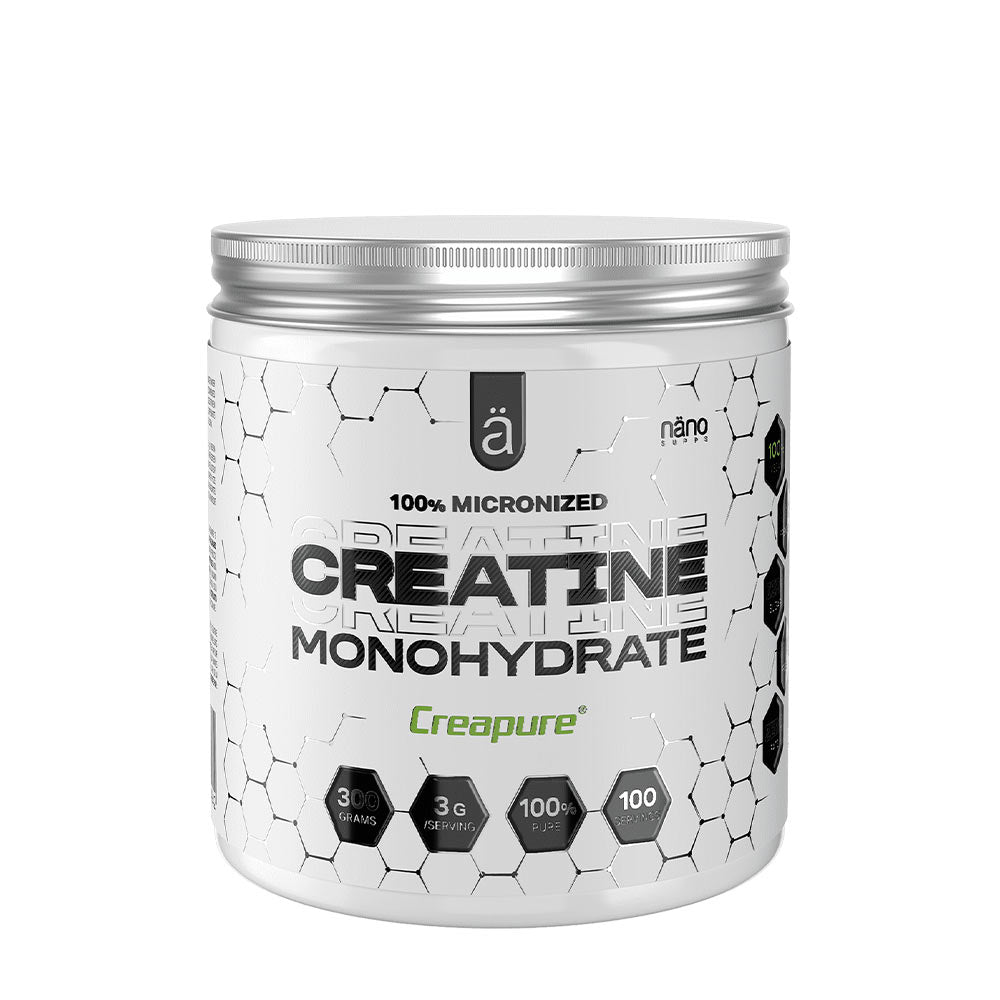 Nanosupps Creatine Monohydrate Creapure® powder container, 100% micronized, vegan, keto-friendly, no added sugars.