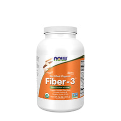 Now Foods Fiber-3 Organic supplement bottle, a blend of flaxseed meal, acacia gum, and inulin for healthy fiber intake.