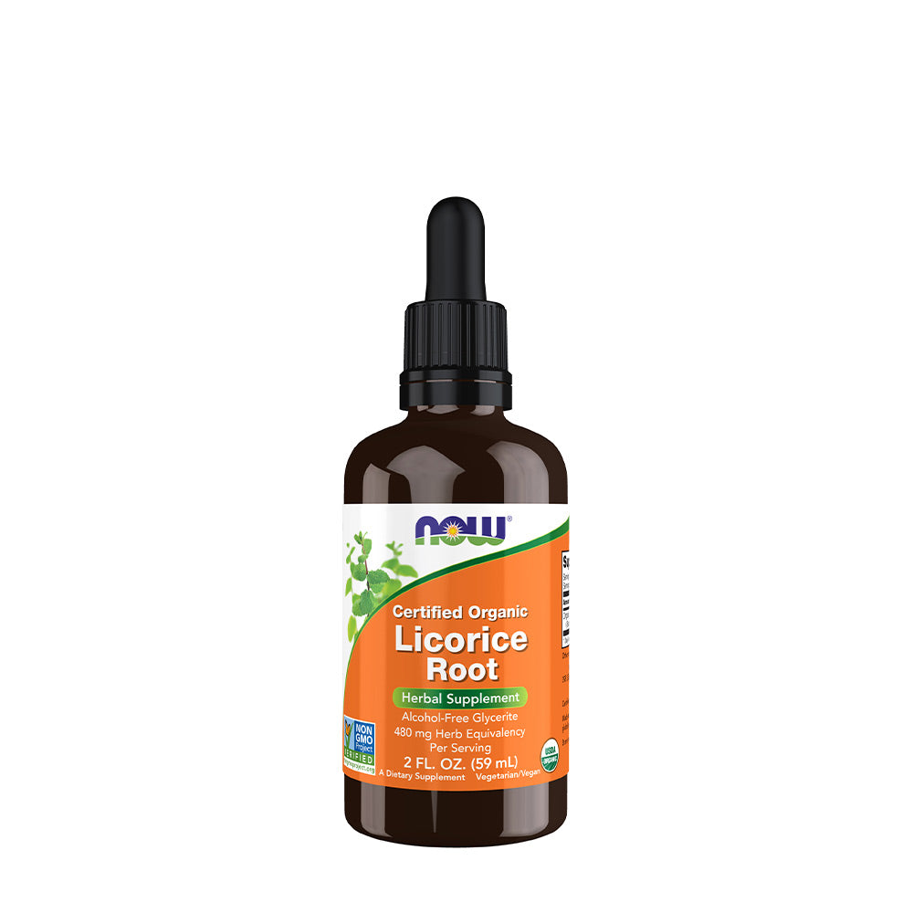 Now Foods Organic Licorice Root Glycerite, alcohol-free herbal supplement for digestive health.