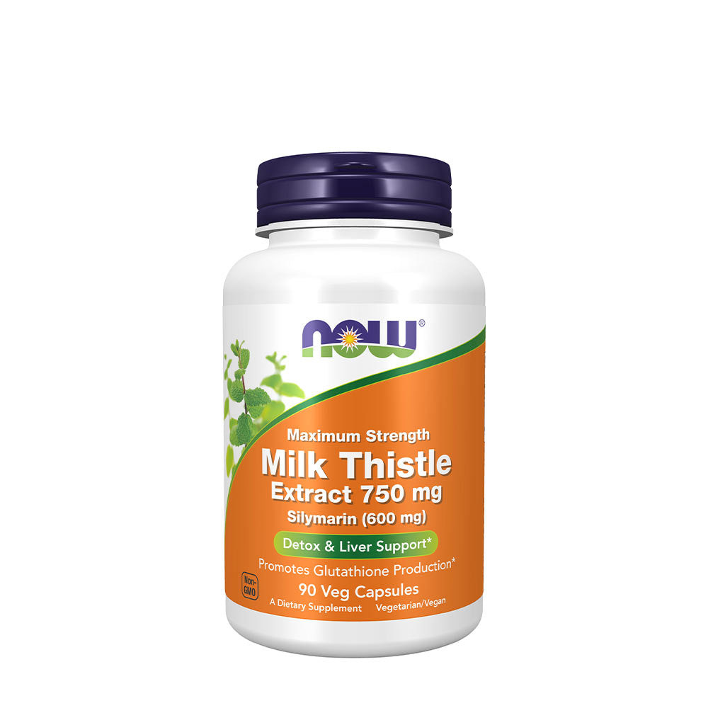 Now Foods Milk Thistle Extract 750 mg Silymarin supplement bottle for liver support and detoxification.