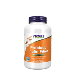 Now Foods Prebiotic Inulin Fiber bottle with 180 veg capsules for intestinal health and friendly bacteria support.