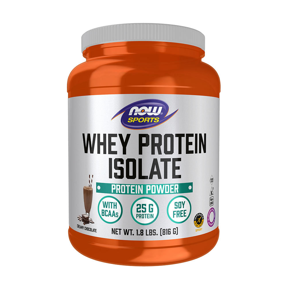 Now Foods Whey Protein Isolate powder container, 25g protein per serving, with BCAAs, soy free, chocolate flavor.