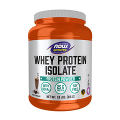 Now Foods Whey Protein Isolate powder container, 25g protein per serving, with BCAAs, soy free, chocolate flavor.