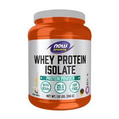 NOW Sports Whey Protein Isolate protein powder, 25g protein, with BCAAs, creamy vanilla flavor, soy-free.