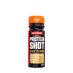 Nutrend Protein Shot in orange flavor, 60ml, with 20g hydrolyzed protein for muscle growth, sugar-free, and fat-free.