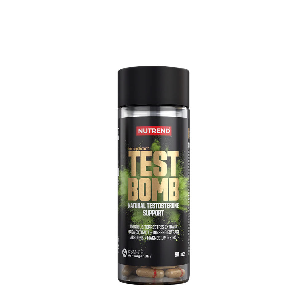 Nutrend Test Bomb Caps, natural testosterone support with 7 active ingredients for optimal hormone balance.