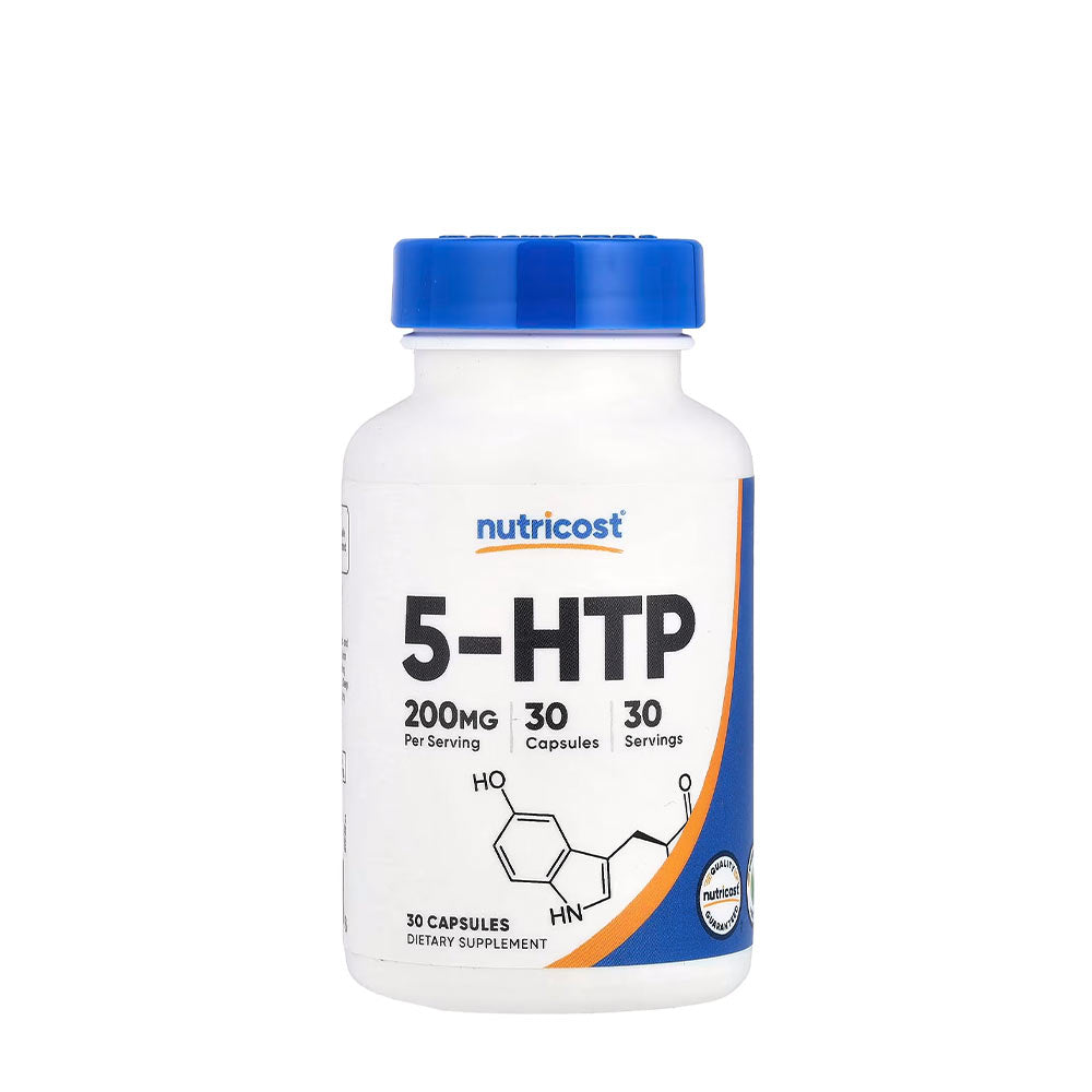 Nutricost 5-HTP 200 mg dietary supplement bottle, 30 vegetarian capsules for mood support.