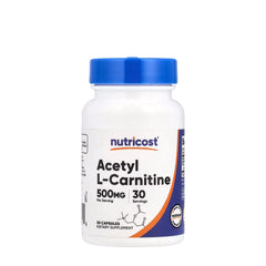 Nutricost Acetyl L-Carnitine 500 mg dietary supplement bottle with 30 capsules.