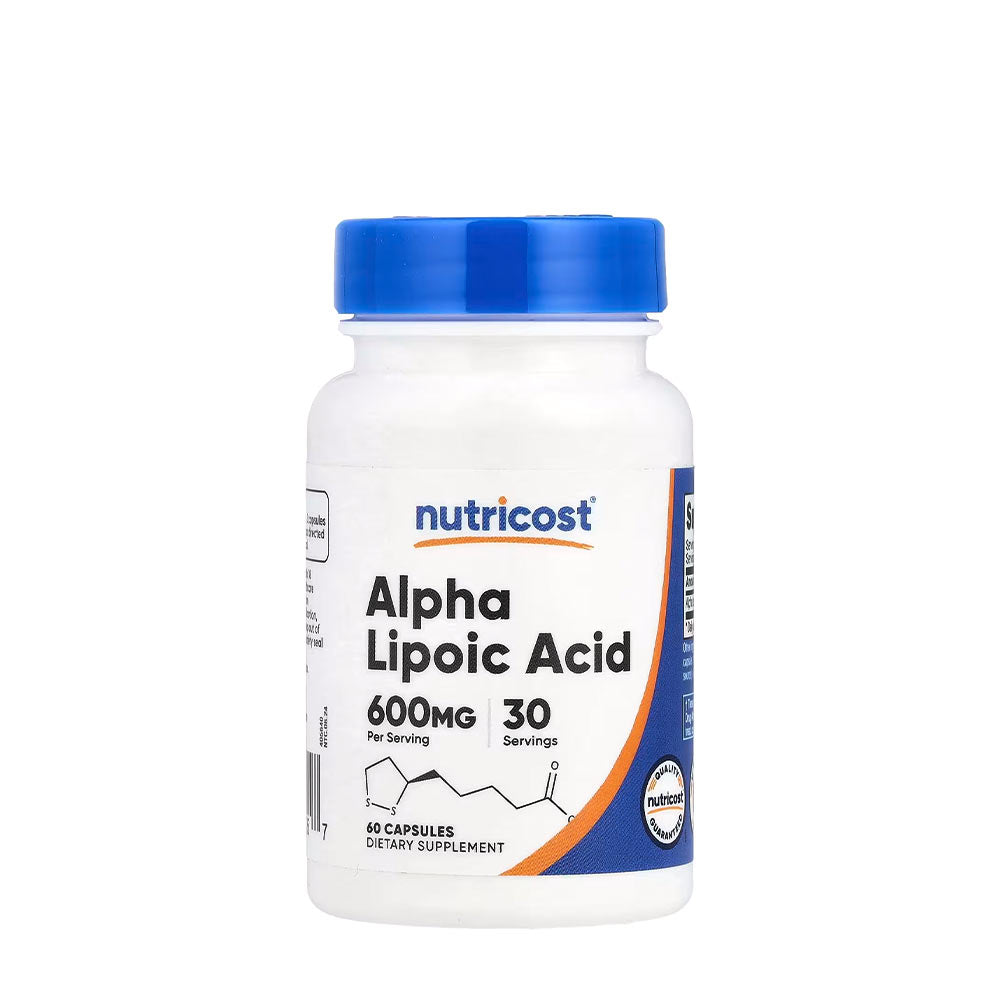 Nutricost Alpha Lipoic Acid 600 mg dietary supplement bottle with 60 vegetarian capsules.