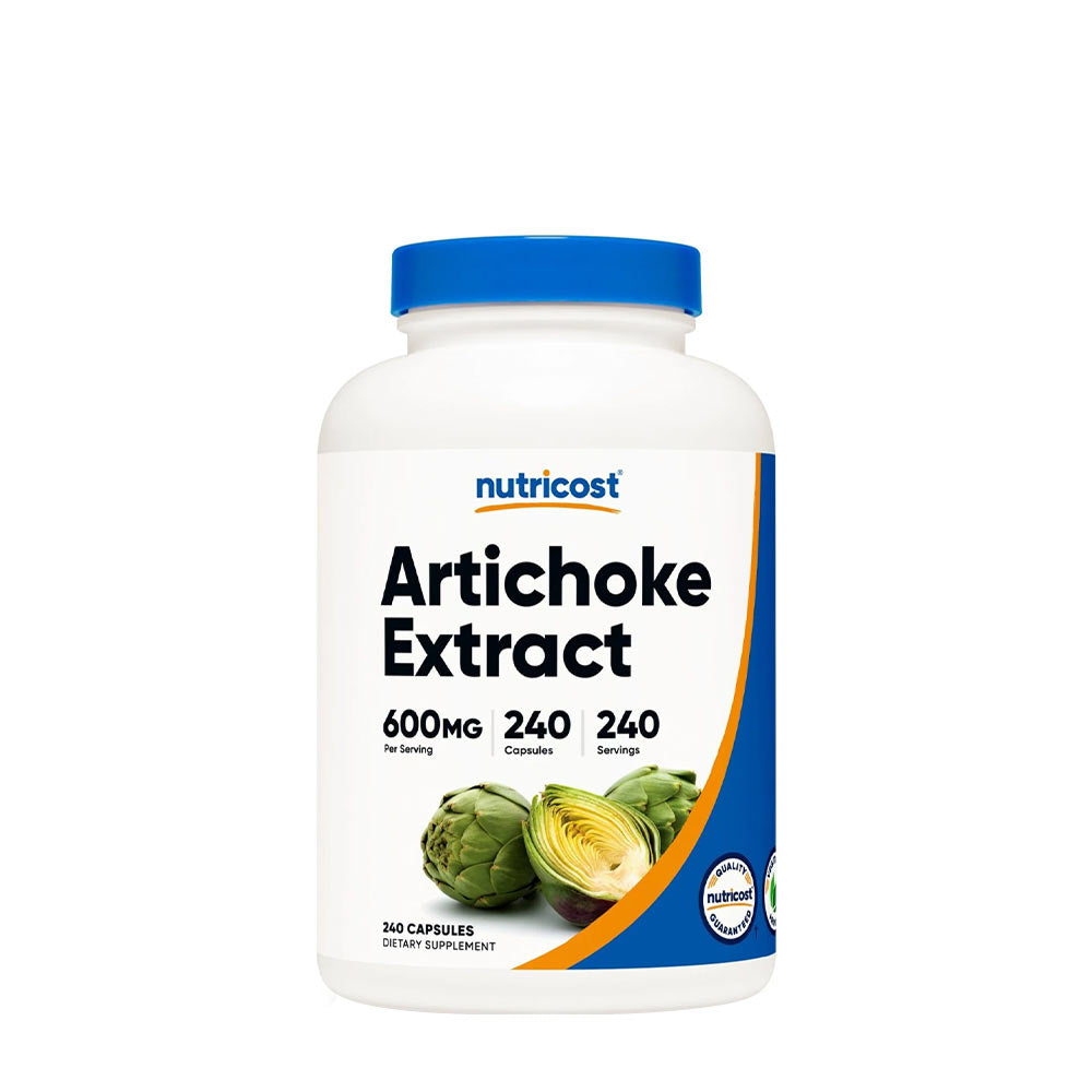 Nutricost Artichoke Extract bottle with 600mg per capsule, 240 servings, non-GMO, gluten-free, vegetarian-friendly.