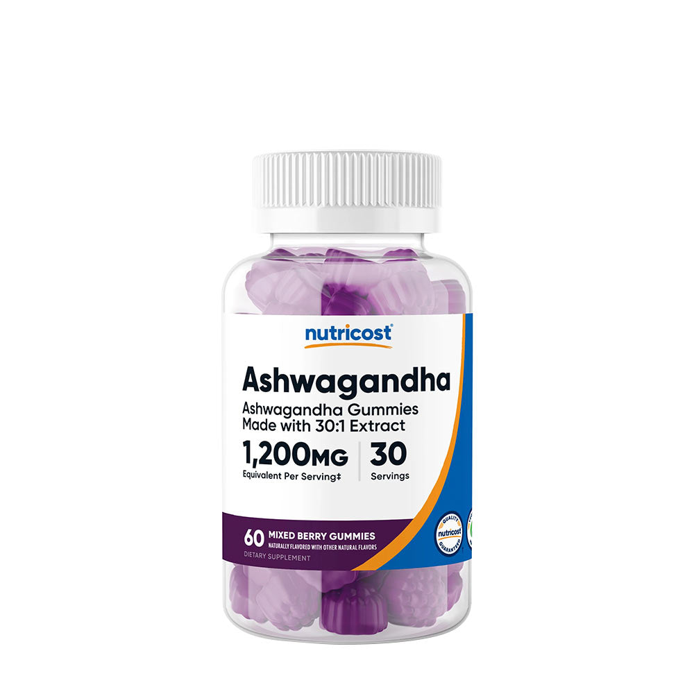 Nutricost Ashwagandha Gummies 1200 mg in a clear bottle, featuring 60 berry-flavored gummies for stress support and energy.