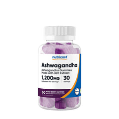 Nutricost Ashwagandha Gummies 1200 mg in a clear bottle, featuring 60 berry-flavored gummies for stress support and energy.