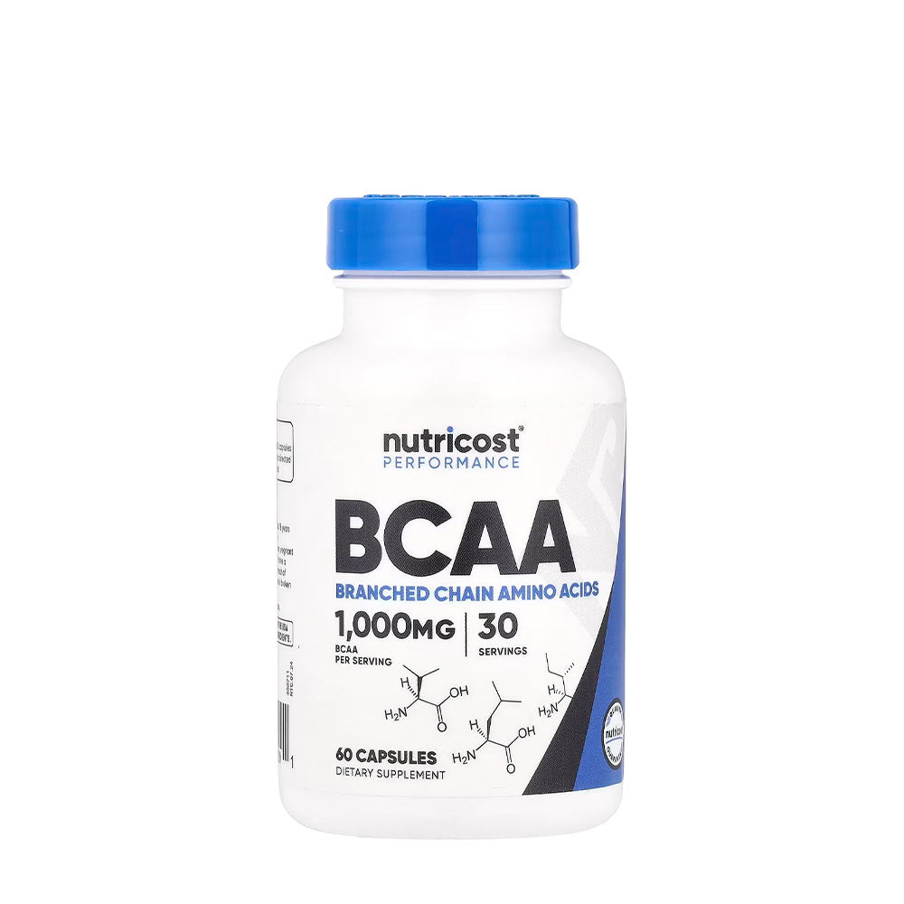 Nutricost BCAA dietary supplement bottle with 1000mg per serving, 60 capsules for muscle recovery.