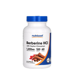 Nutricost Berberine HCl with Ceylon Cinnamon supplement bottle, 120 capsules, 1200mg per serving.