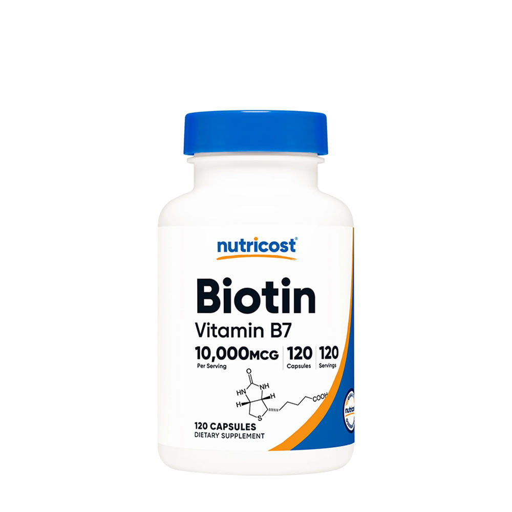 Nutricost Biotin Vitamin B7 supplement bottle with 120 capsules, 10,000mcg per serving.