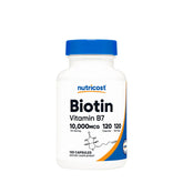 Nutricost Biotin Vitamin B7 supplement bottle with 120 capsules, 10,000mcg per serving.