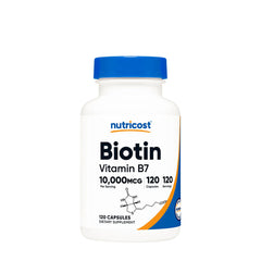 Nutricost Biotin Vitamin B7 supplement bottle with 120 capsules, 10,000mcg per serving.