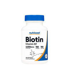 Nutricost Biotin Vitamin B7 5000 mcg softgels for hair, skin, and nail support - 150 softgels per bottle.