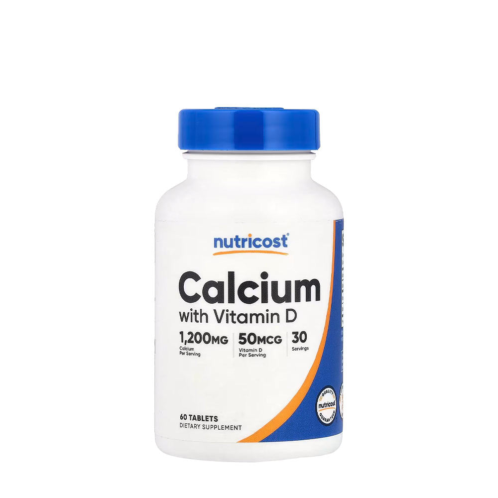 Nutricost Calcium with Vitamin D supplement bottle, 1200mg calcium, 50mcg vitamin D, 60 tablets per bottle.