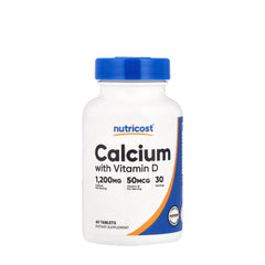 Nutricost Calcium with Vitamin D supplement bottle, 1200mg calcium, 50mcg vitamin D, 60 tablets per bottle.