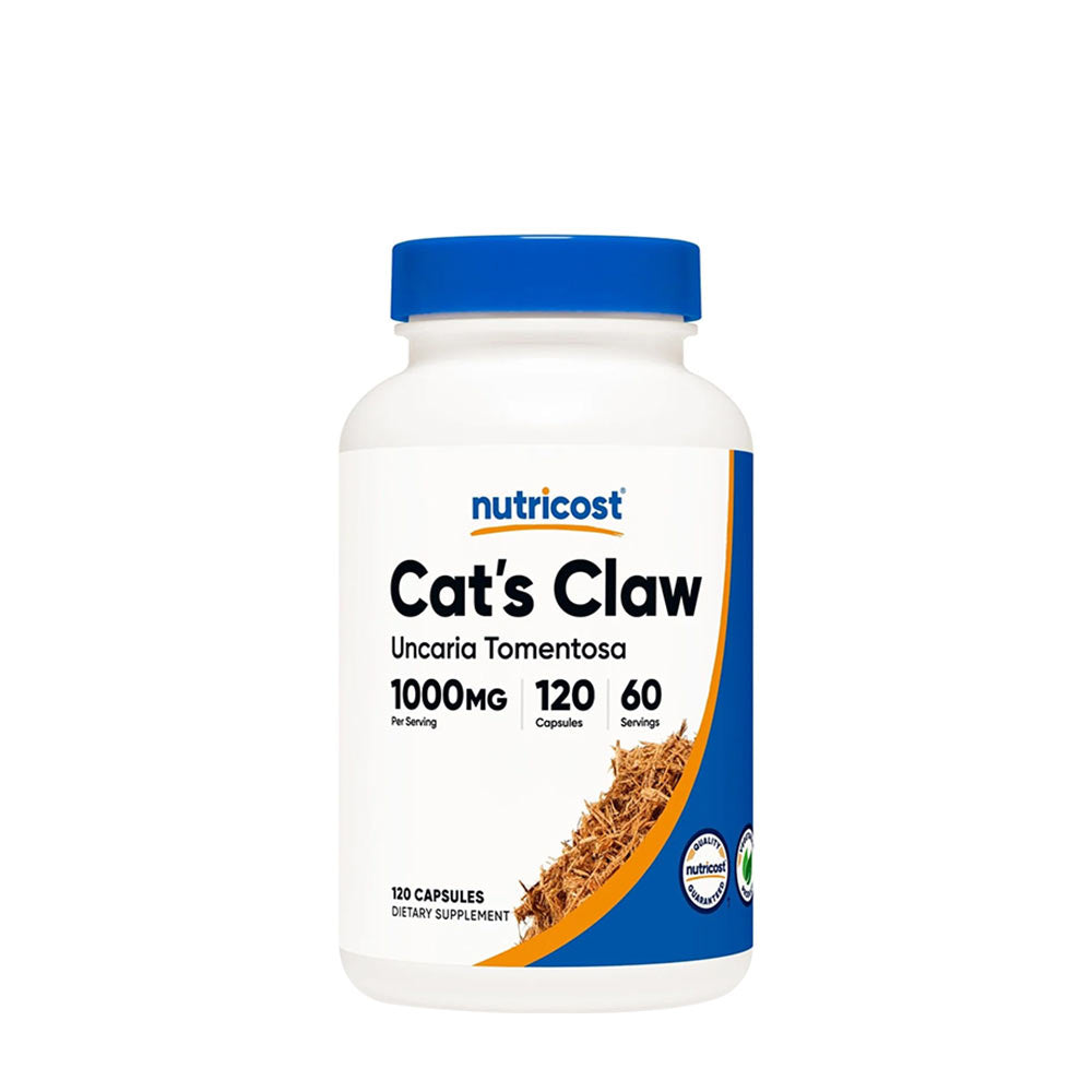 Nutricost Cat's Claw supplement bottle with 120 capsules, 1000mg, supports immune health and digestion.