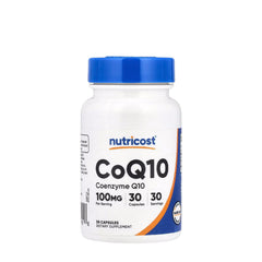 Nutricost CoQ10 100 mg dietary supplement bottle with 30 vegetarian capsules for antioxidant support.