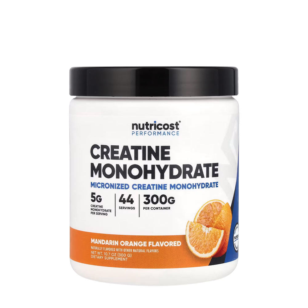 Nutricost Creatine Monohydrate Powder in mandarin orange flavor, 300g container with 44 servings.