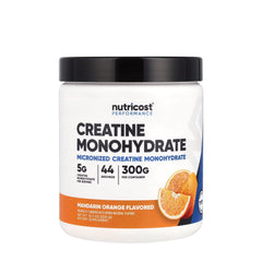 Nutricost Creatine Monohydrate Powder in mandarin orange flavor, 300g container with 44 servings.