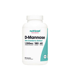 Nutricost D-Mannose with Cranberry Extract for Women, 1300 mg, 180 capsules, dietary supplement bottle.