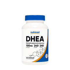 Nutricost DHEA dietary supplement, 100 mg per capsule, 240 capsules per bottle, non-GMO, gluten-free.