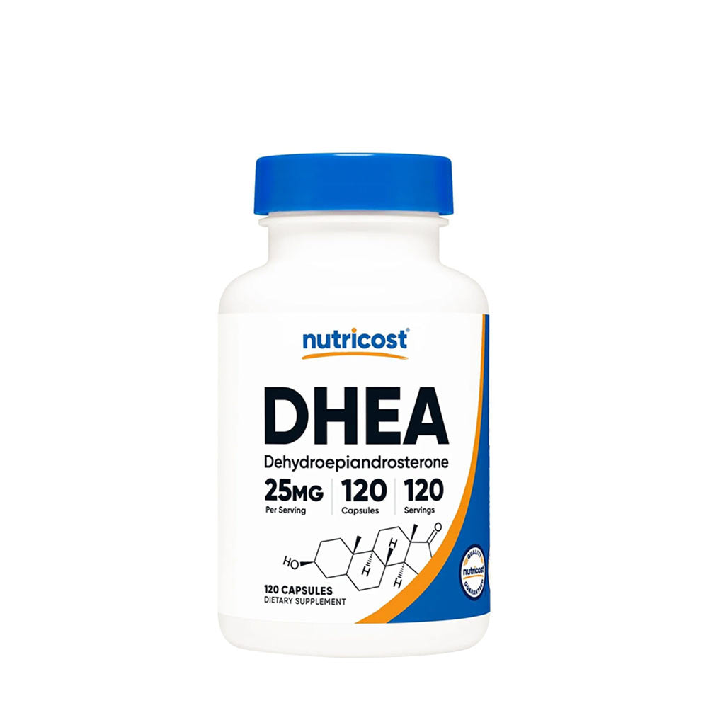 Nutricost DHEA 25 mg dietary supplement bottle with 120 capsules for hormone support.