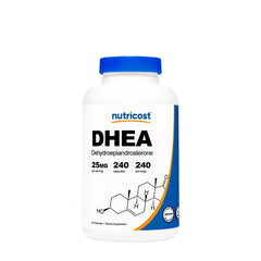Nutricost DHEA 25 mg supplement bottle with 240 capsules, non-GMO and gluten-free, ideal for hormone balance.