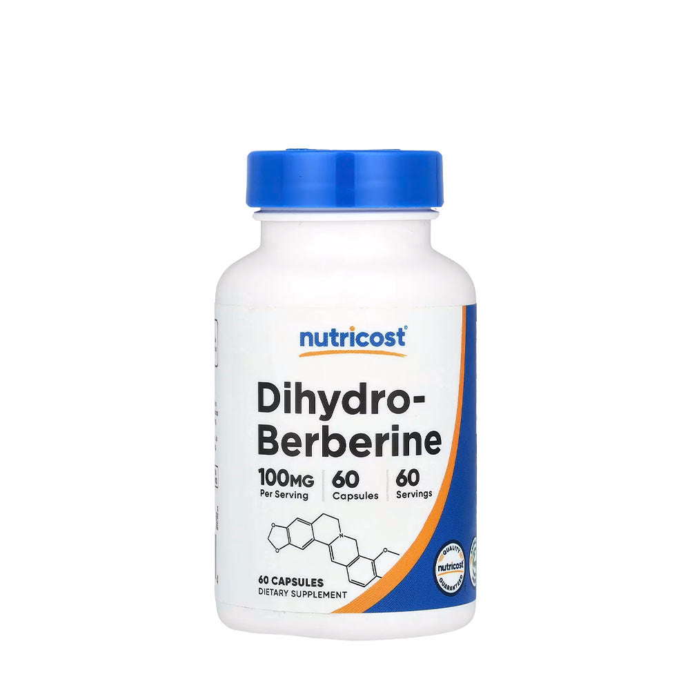 Nutricost Dihydro-Berberine 100 mg dietary supplement in a bottle, featuring 60 vegan-friendly capsules.
