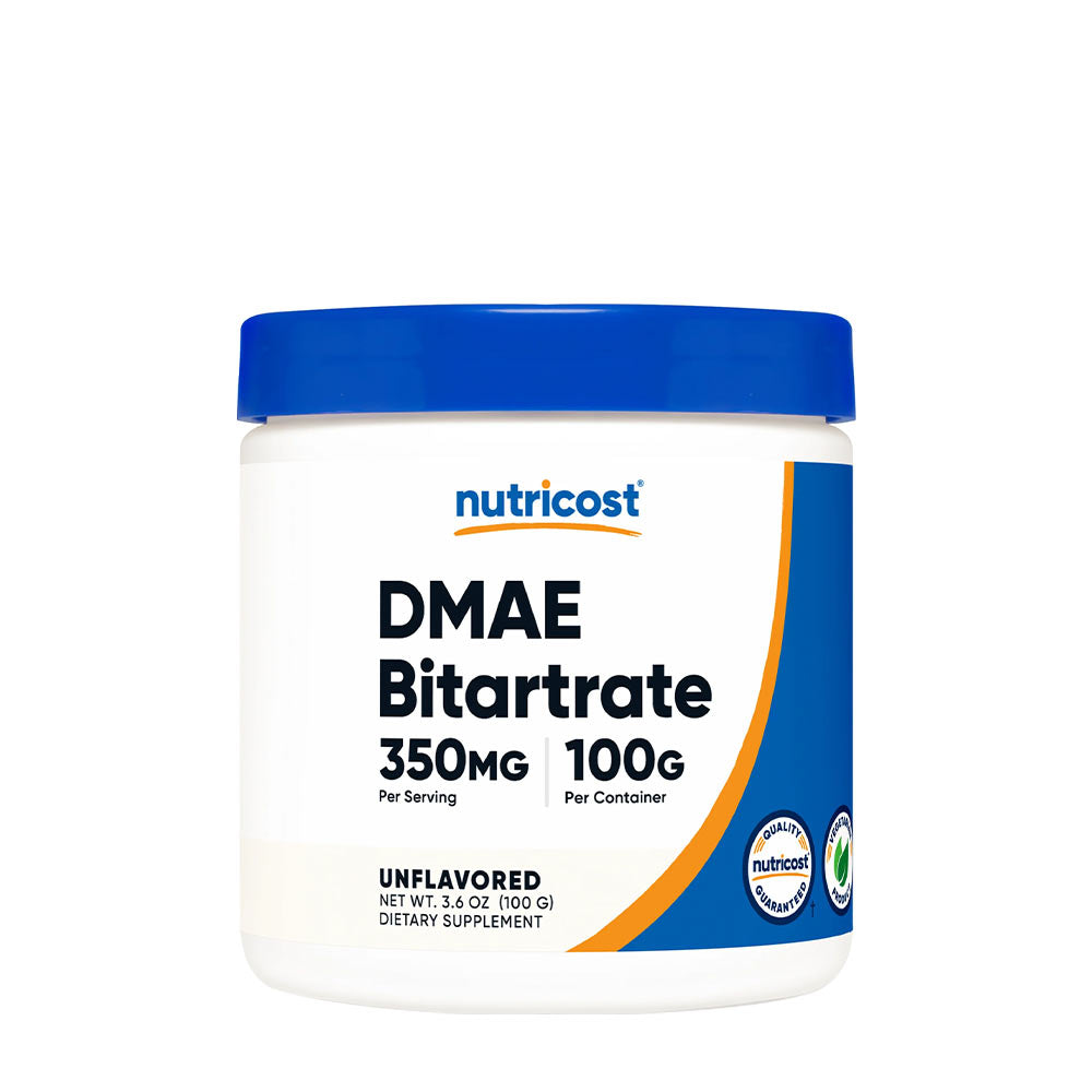 Nutricost DMAE Bitartrate powder container, 350mg per serving, 100g total, unflavored dietary supplement.