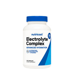 Nutricost Electrolyte Complex bottle with 120 capsules for advanced hydration, featuring 8 hydrating electrolytes and vitamins.